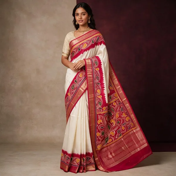 White_Pink_Maheswari_HandBatik_Paisley_Printed_Saree_For_Women