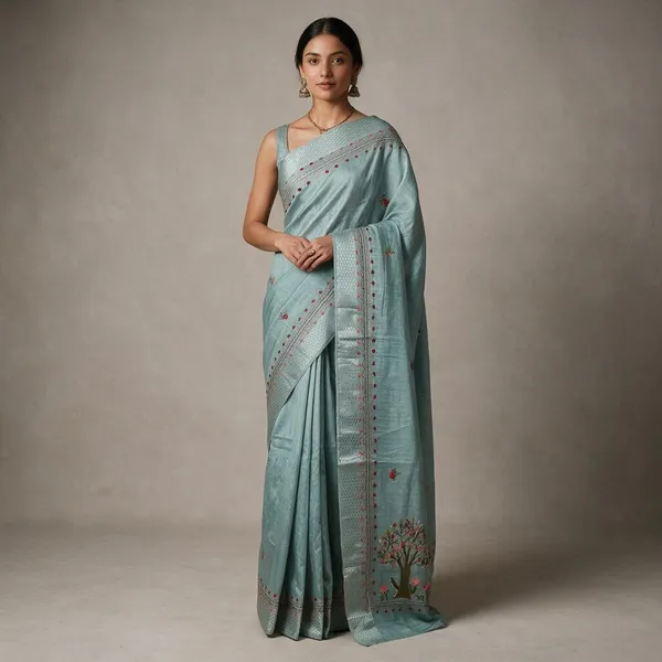 Light_Blue_Matak_Linen_Handwork_Floral_Saree_For_Women