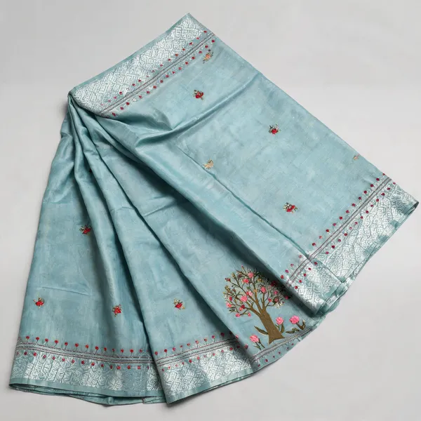 Light_Blue_Matak_Linen_Handwork_Floral_Saree_For_Women