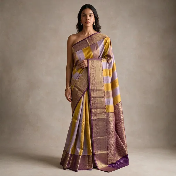 Yellow_Lavender_Silk_Woven_Striped_Saree_For_Women