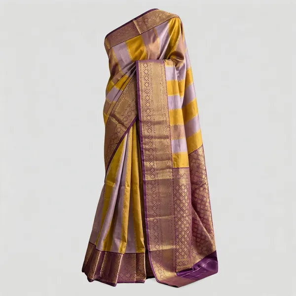 Yellow_Lavender_Silk_Woven_Striped_Saree_For_Women