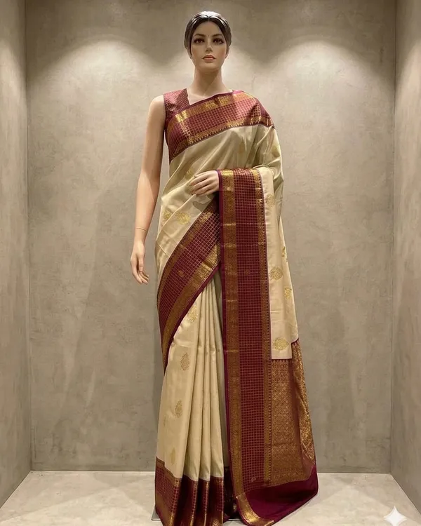 Cream_Silk_Traditional_Saree_With_Maroon_Border_For_Women