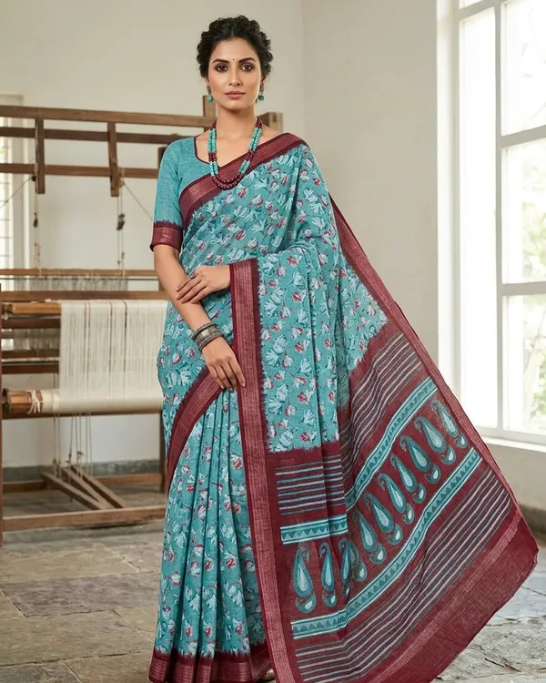 Teal_Printed_Saree_For_Women