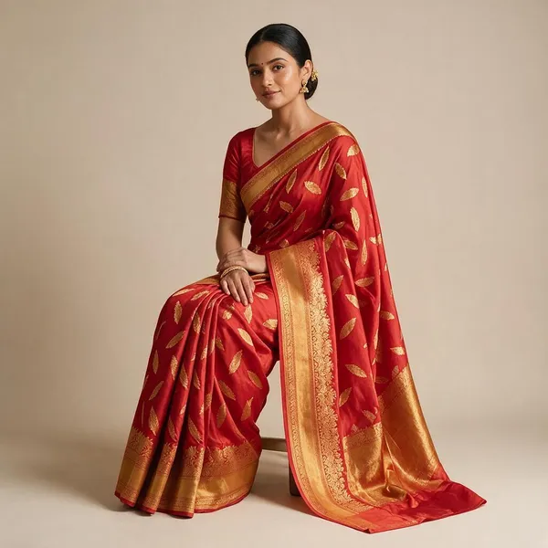 Red_Silk_Gold_Leaf_Motif_Zari_Border_Saree_For_Women