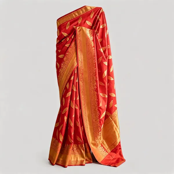 Red_Silk_Gold_Leaf_Motif_Zari_Border_Saree_For_Women