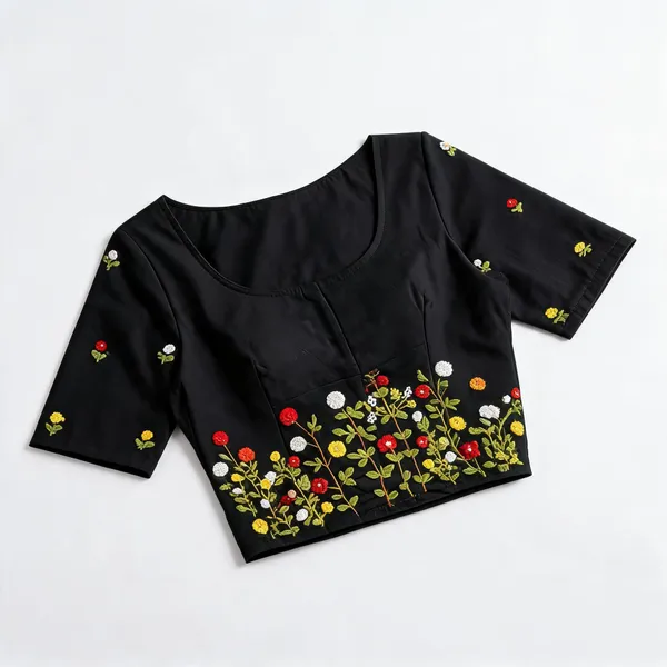 Black_Cotton_Floral_Embroidered_Saree_Blouse_For_Women
