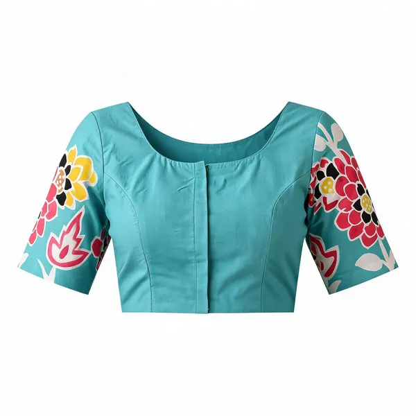 Turquoise_Silk_Floral_Printed_Blouse_For_Women