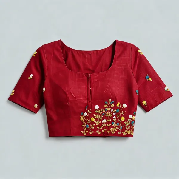 Red_cotton_Floral_Embroidered_Saree_Blouse_For_Women