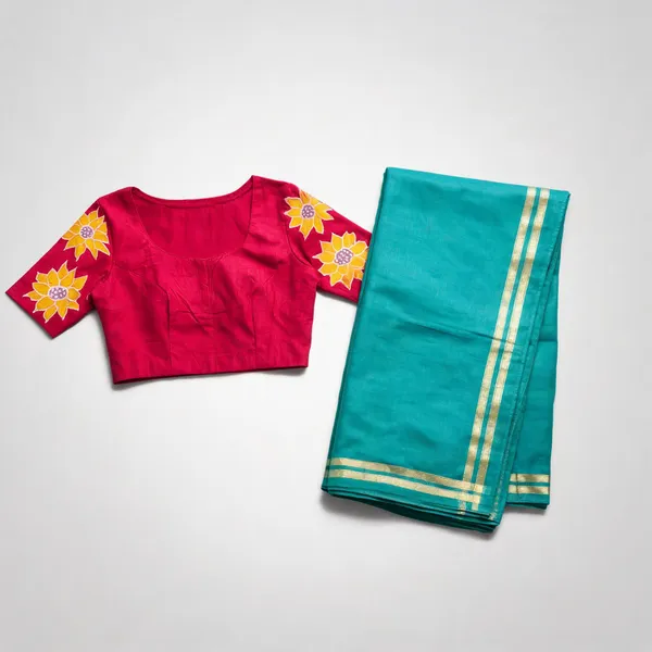 Turquoise_Silk_Floral_Printed_Saree_Set_For_Women