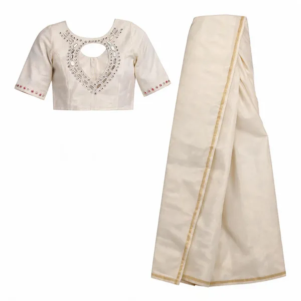 Ivory_Malai_Cotton_Orginal_MirrorEmbellished_Saree_Set_For_Women