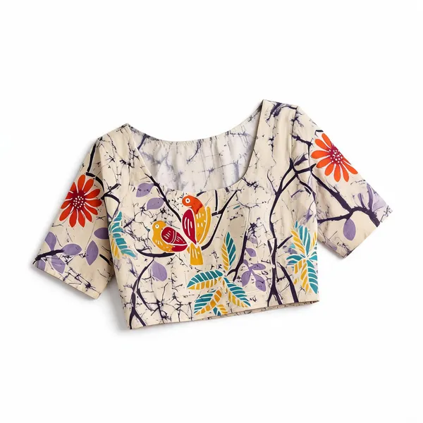 Cream_Silk_Floral_Printed_Short_Sleeve_Blouse_For_Women