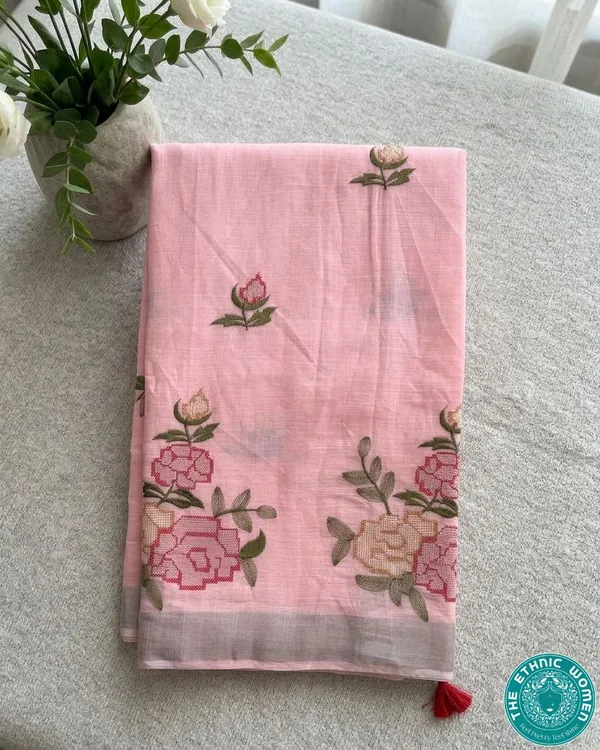 Pink_Linen_Embroidery_Floral_Saree_For_Women