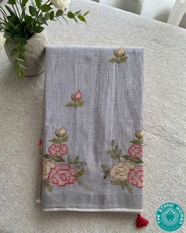 Pink_Linen_Embroidery_Floral_Saree_For_Women