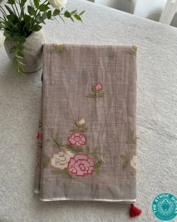 Pink_Linen_Embroidery_Floral_Saree_For_Women