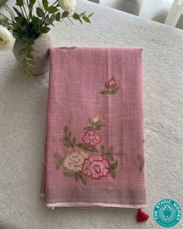 Pink_Linen_Embroidery_Floral_Saree_For_Women