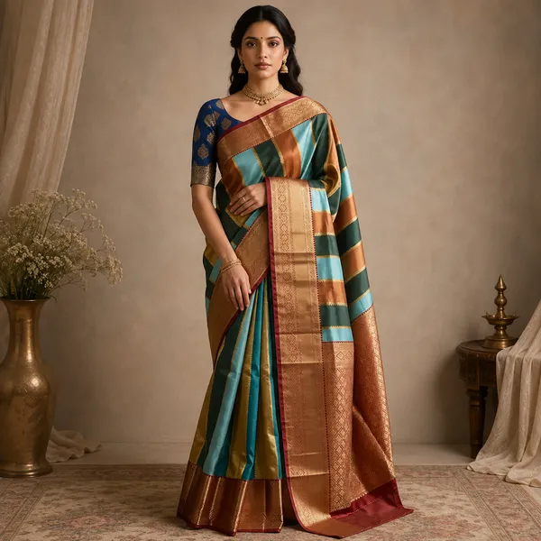 Teal_Silk_Woven_Stripe_Traditional_Saree_For_Women