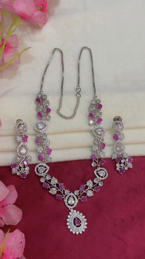 Silver_Tone_Pink_Stone_Necklace_And_Earrings_Set_For_Women