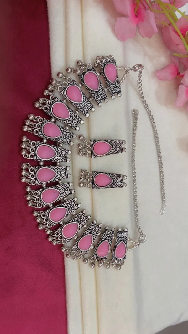 Silver_Tone_Pink_Stone_Necklace_Set_For_Women