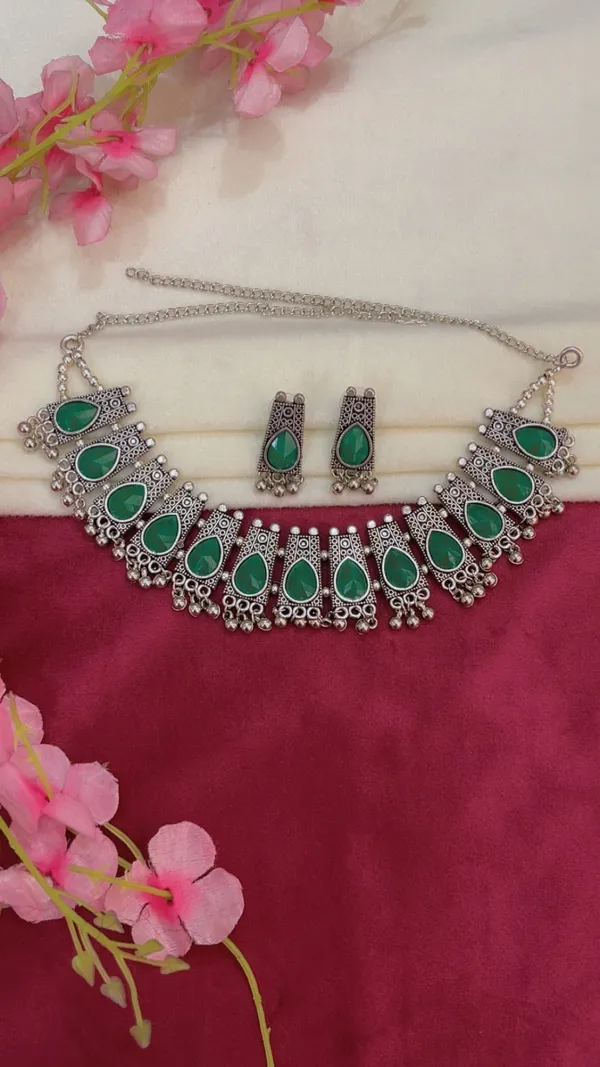 Green_Stone_Oxidised_Necklace_And_Earrings_Set