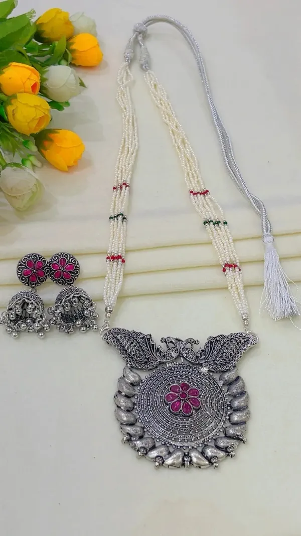 Silver-Tone_Oxidized_Necklace_And_Earrings_Set_for_Women