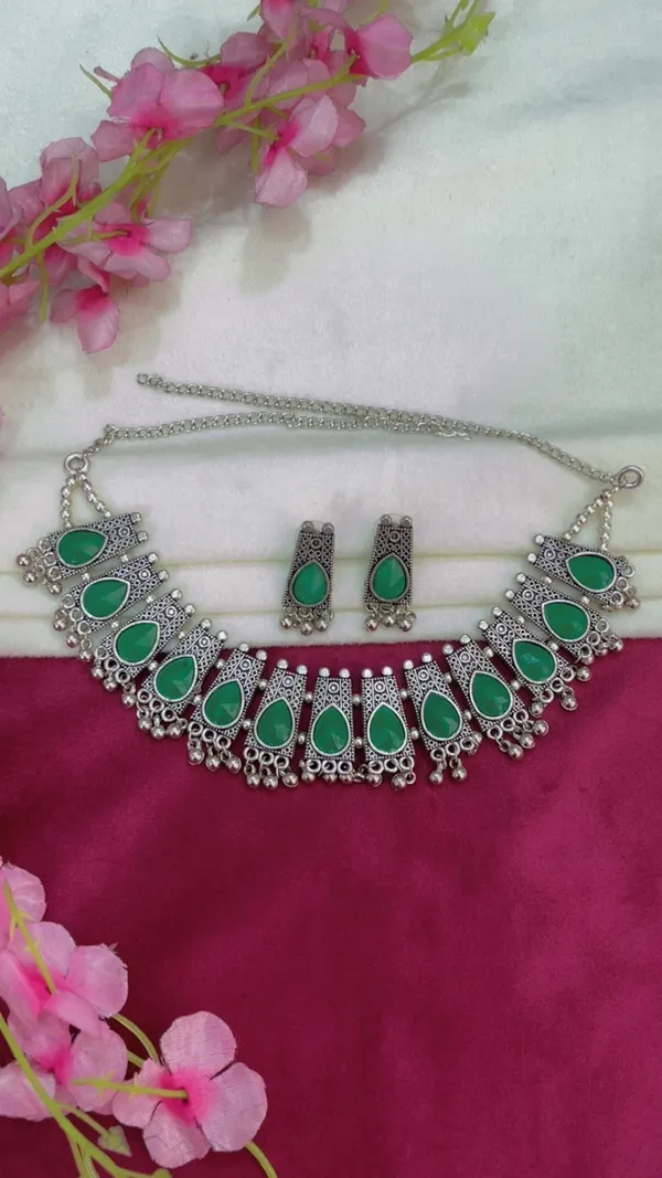 Green_Stone_Oxidised_Necklace_And_Earrings_Set