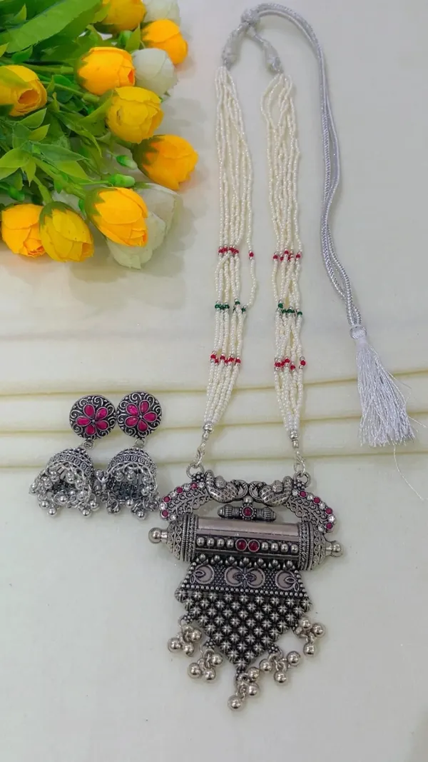 Silver-Tone_Oxidized_Beaded_Necklace_Set_for_Women