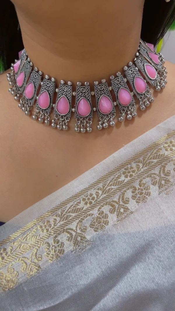 Silver_Tone_Pink_Stone_Necklace_Set_For_Women