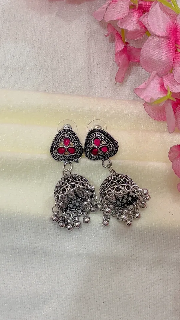 Pink_Stone_Oxidized_Silver_Jhumka_Earrings_for_Women