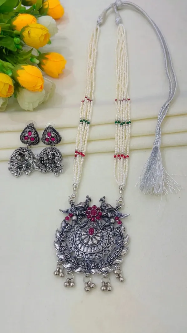 Silver-Tone_Beaded_Necklace_And_Two-Pair_Earring_Set_for_Women