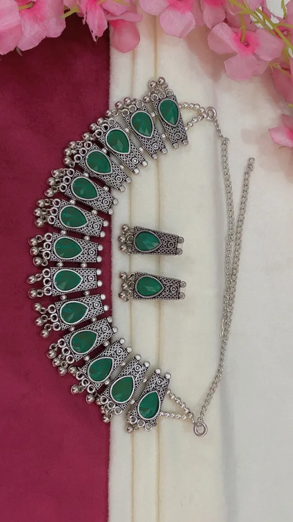 Green_Stone_Oxidised_Necklace_And_Earrings_Set
