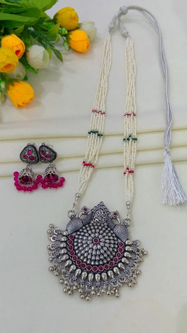Silver-Tone_Beaded_Oxidized_Necklace_Set_for_Women