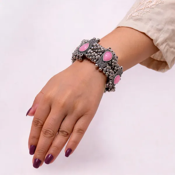 Silver_Tone_Oxidised_Pink_Stone_Anklet_For_Women