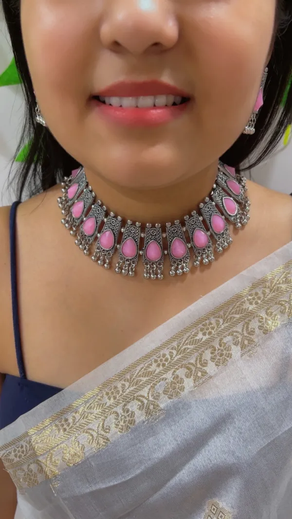 Silver_Tone_Pink_Stone_Necklace_Set_For_Women