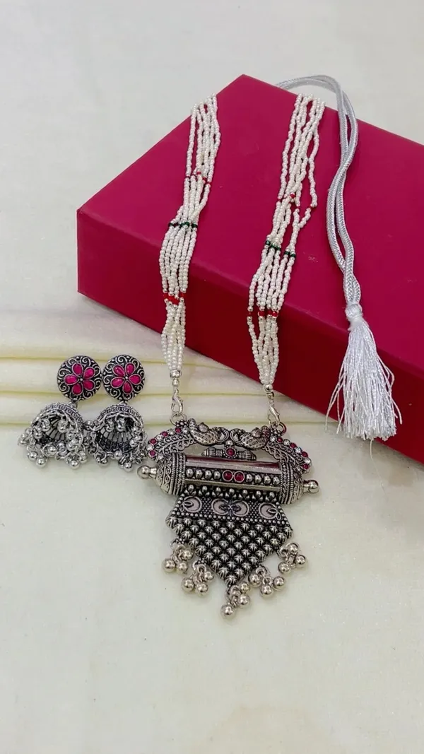 Silver-Tone_Oxidized_Beaded_Necklace_Set_for_Women