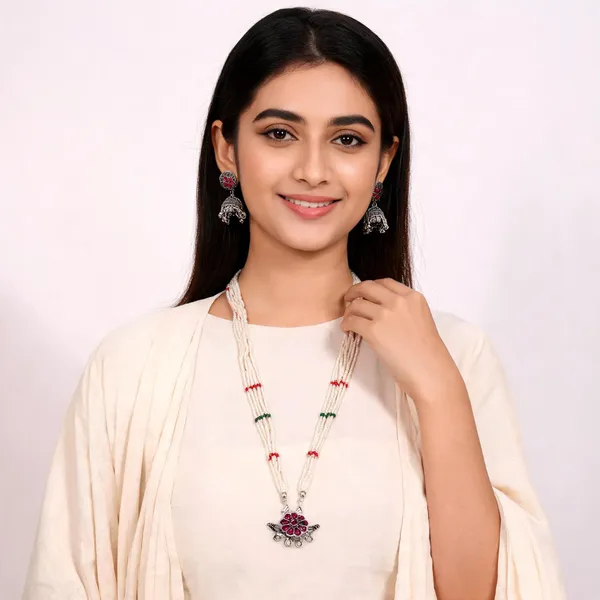 Silver_Pearl_Beaded_Necklace_And_Jhumka_Earrings_Set_For_Women