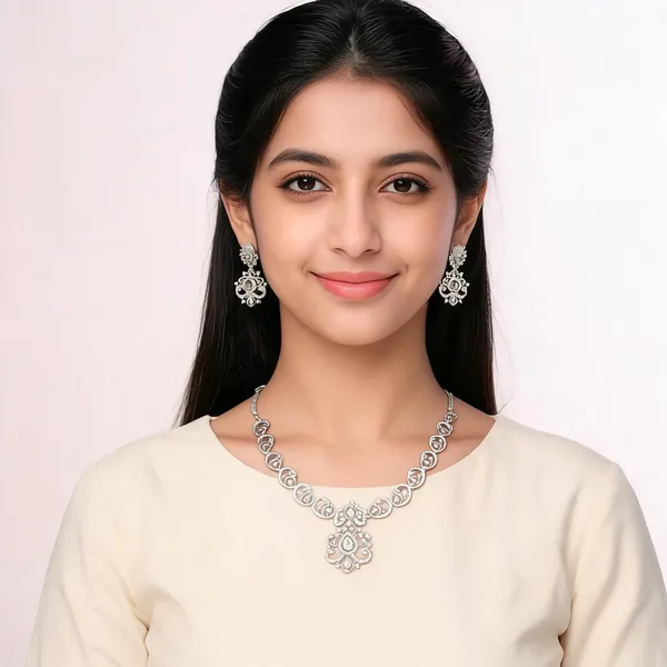 Silver_Tone_Necklace_And_Earrings_Set_for_Women