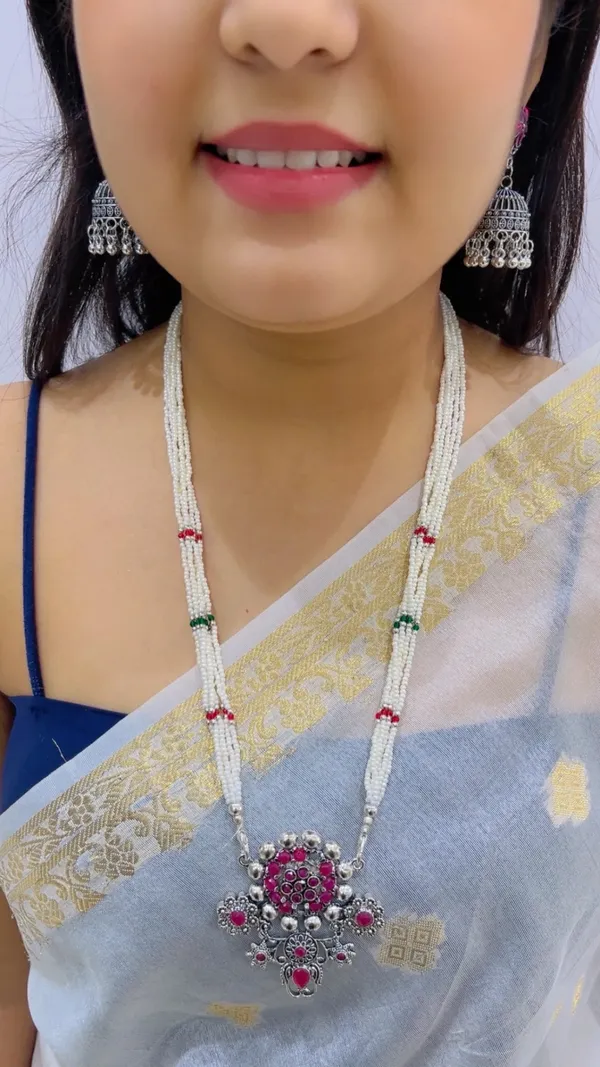 Silver_Oxidized_Pearl_Beaded_Necklace_And_Earrings_Set
