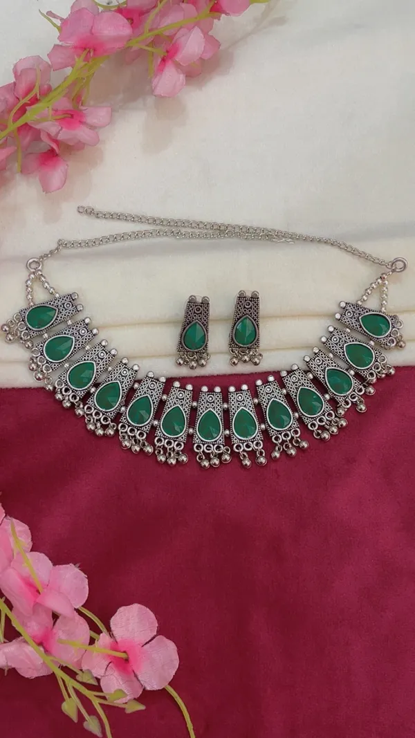 Green_Stone_Oxidised_Necklace_And_Earrings_Set
