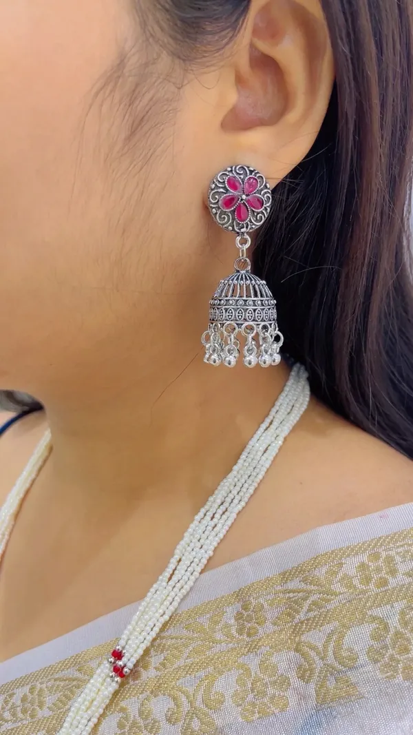 Silver_Oxidized_Pearl_Beaded_Necklace_And_Earrings_Set