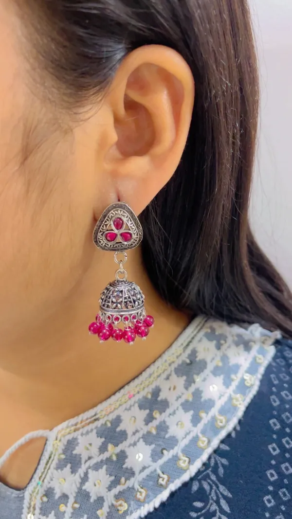 Pink_Stone_Oxidized_Silver_Jhumka_Earrings_for_Women