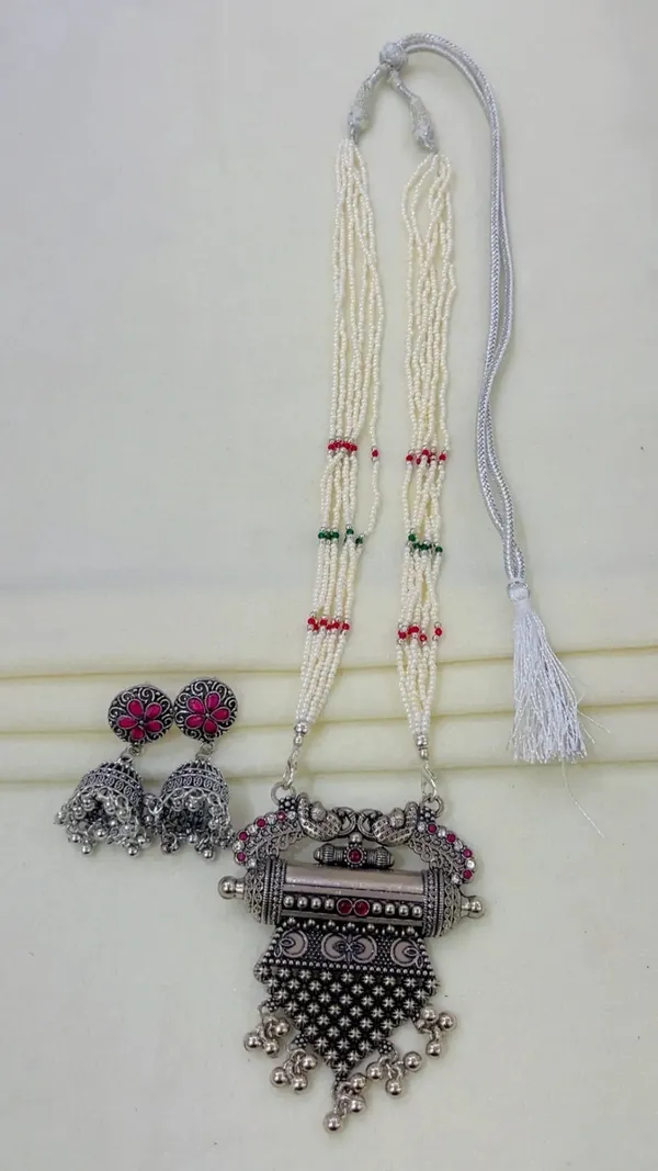Silver-Tone_Oxidized_Beaded_Necklace_Set_for_Women
