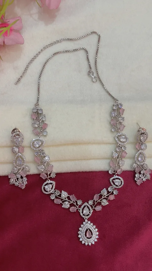 Silver-Tone_Pink_Stone_Necklace_Set_for_Women