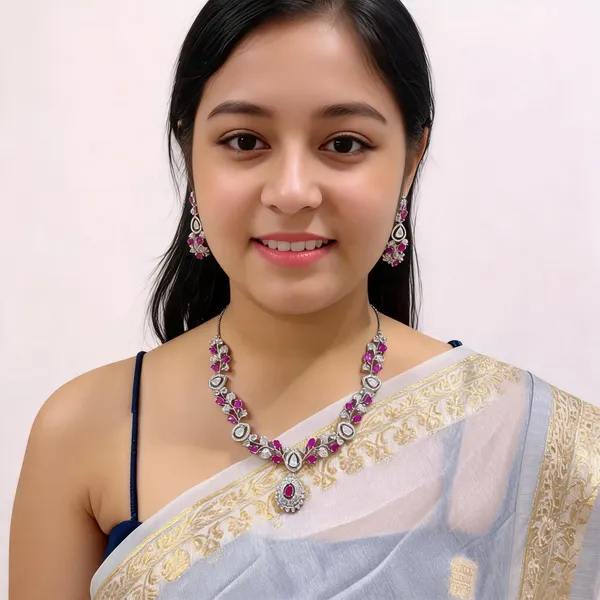 Silver_Tone_Pink_Stone_Necklace_And_Earrings_Set_For_Women