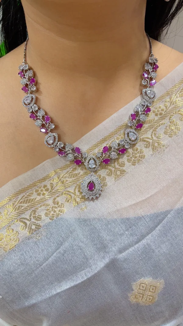 Silver_Tone_Pink_Stone_Necklace_And_Earrings_Set_For_Women