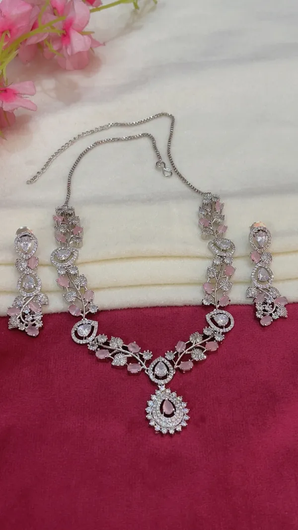 Silver-Tone_Pink_Stone_Necklace_Set_for_Women