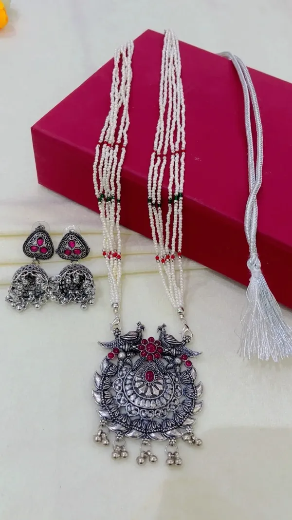 Silver-Tone_Beaded_Necklace_And_Two-Pair_Earring_Set_for_Women