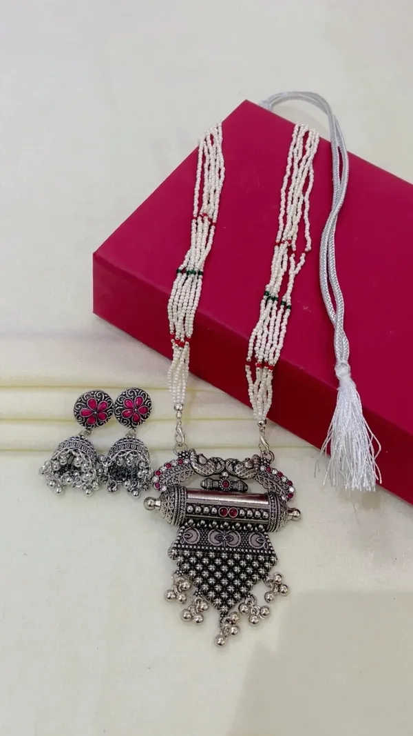 Silver-Tone_Oxidized_Beaded_Necklace_Set_for_Women