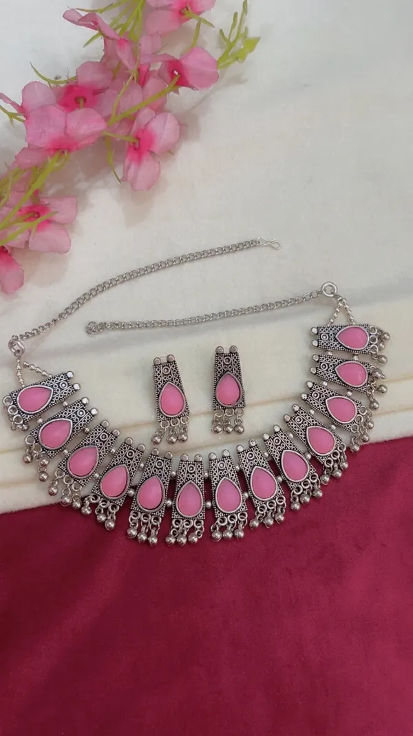 Silver_Tone_Pink_Stone_Necklace_Set_For_Women