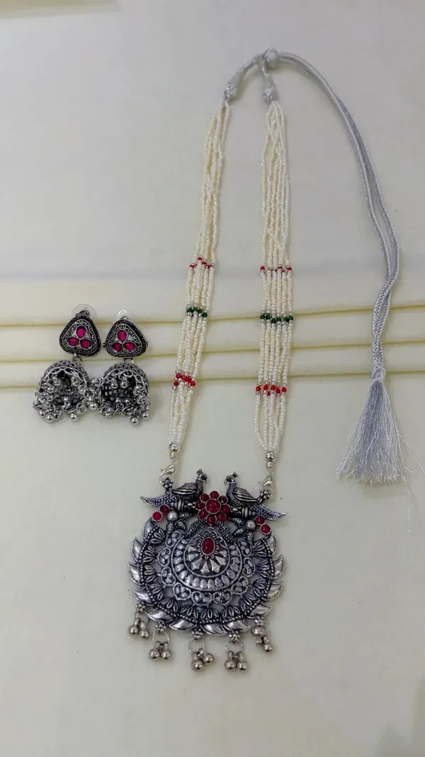 Silver-Tone_Beaded_Necklace_And_Two-Pair_Earring_Set_for_Women
