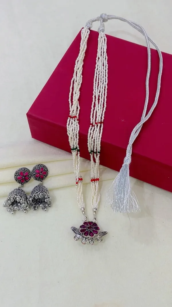Silver_Pearl_Beaded_Necklace_And_Jhumka_Earrings_Set_For_Women